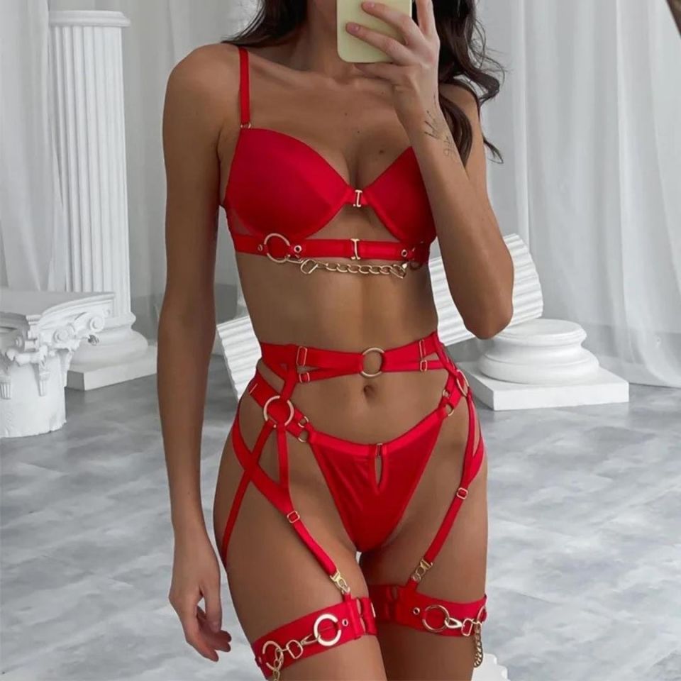 Camila Kadın Tasarım Zincir Harness Detaylı Seksi Jartiyer Takım Kırmızı - S