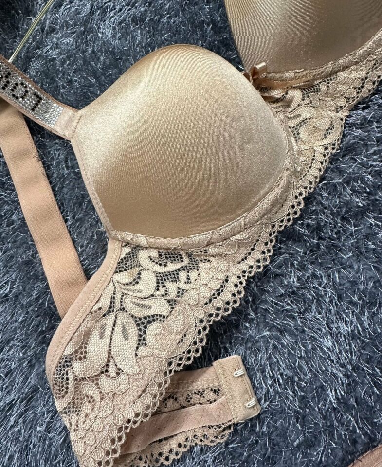 Askıları Parlak Taşlı Dantel Detaylı Push-up Sütyen Takım-315 Bej - 90B