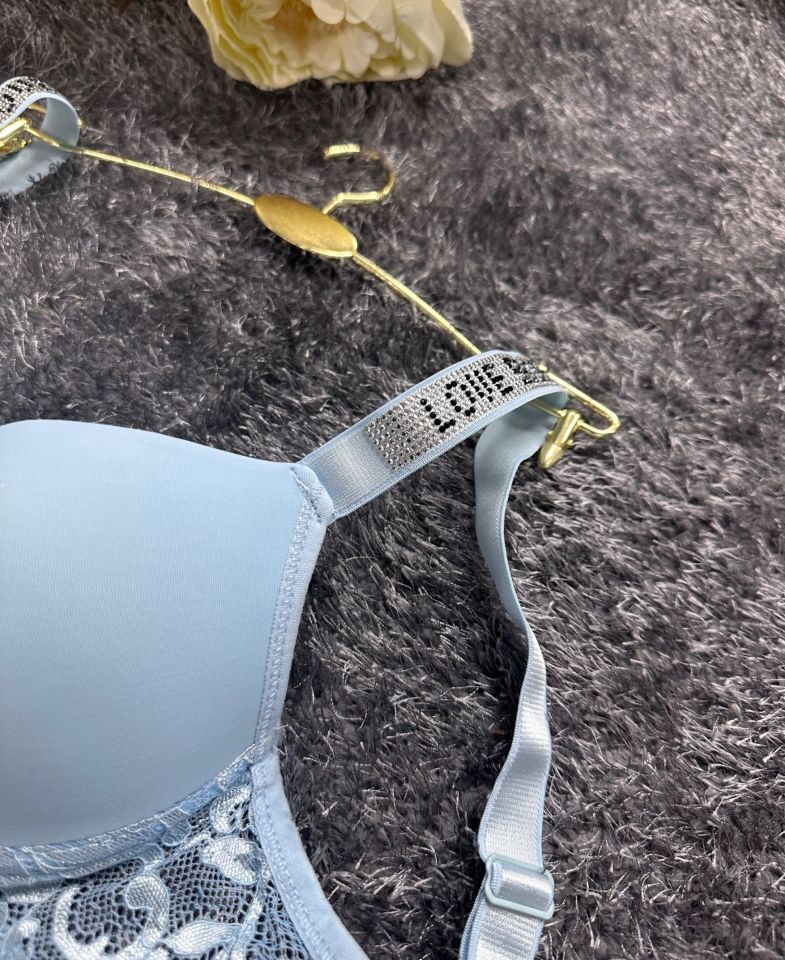 Askıları Parlak Taşlı Dantel Detaylı Push-up Sütyen Takım-315 Mavi - 75B