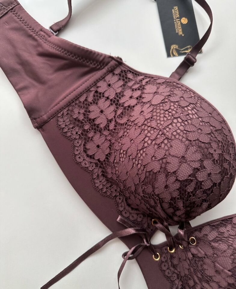 Marissa İthal Dantelli El Cuplı Double Push-up Silikonlu Askılı/Askısız Sütyen Acı Kahve - 75B