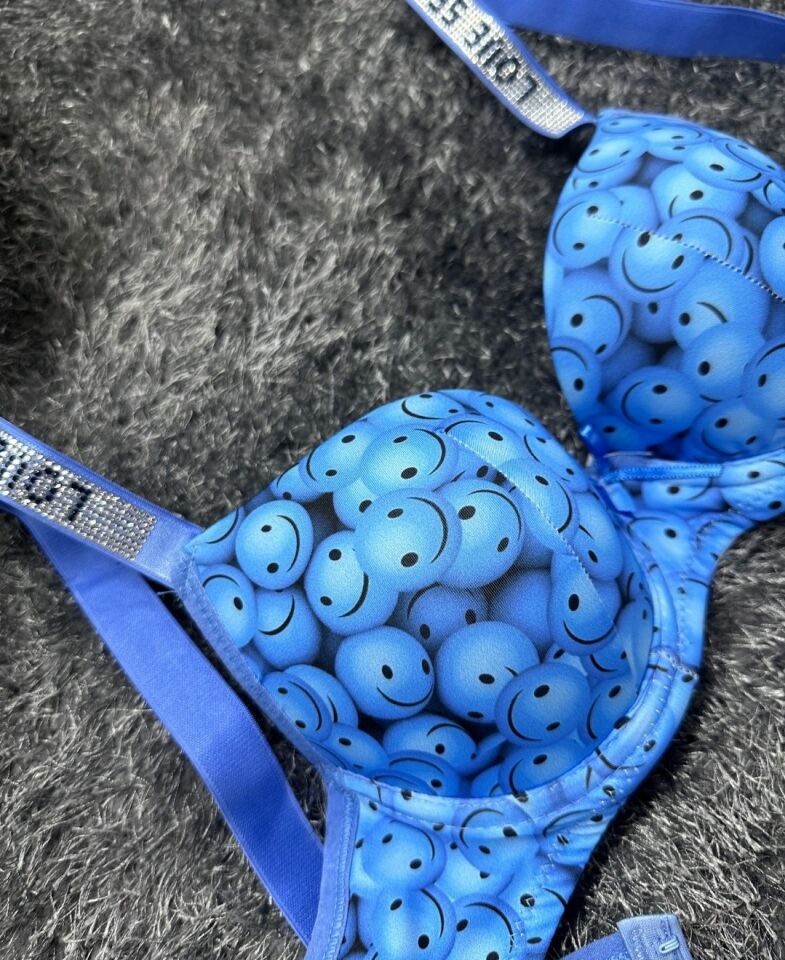 Askıları Parlak Taşlı Gülen Yüz Emojisi Detaylı Push-up Sütyen Takım Mavi - 90B