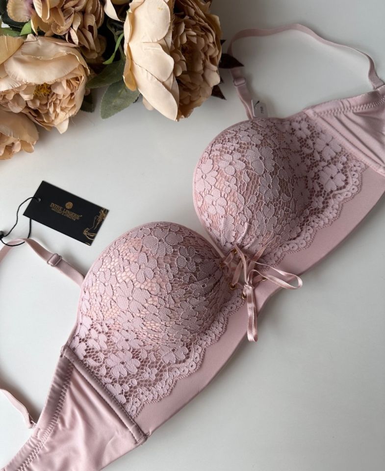 Marissa İthal Dantelli El Cuplı Double Push-up Silikonlu Askılı/Askısız Sütyen Pudra  - 75B