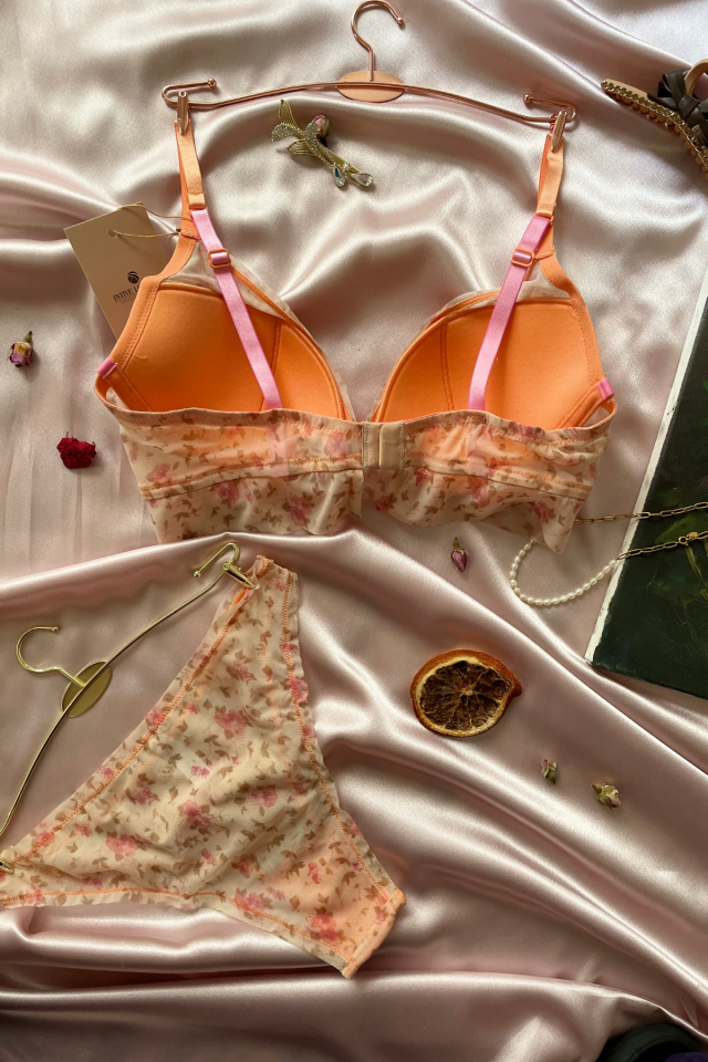 Lilly Kadın Çiçek Desenli Turuncu Askılı Padli Sütyen Takım Bej - 75