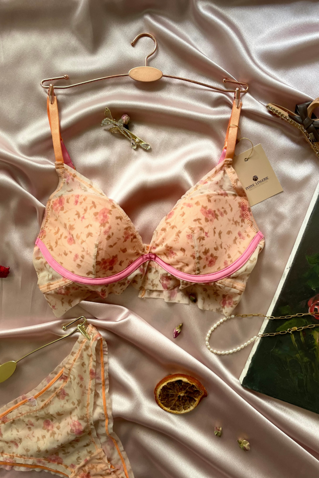 Lilly Kadın Çiçek Desenli Turuncu Askılı Padli Sütyen Takım Bej - 85