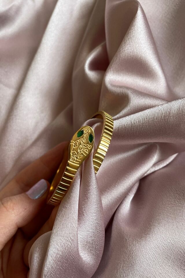 Kadın 316L Çelik Yeşil Taş Detaylı Yılan Başı Figürlü Kelepçe (Kararma-solma yapmaz)