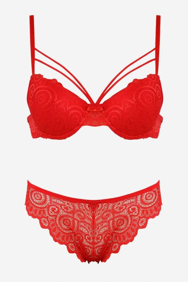 YNT Kırmızı Dantelli Çift İp Detaylı Şık Sütyen Takım 19002 Kırmızı - 80