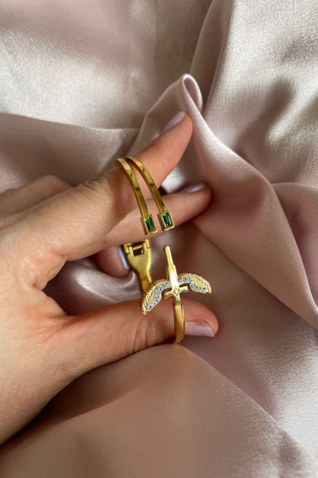 Kadın 316L Çelik Yeşil Taş Detaylı Mikail Kanat Figürlü Kelepçe (Kararma-solma yapmaz)