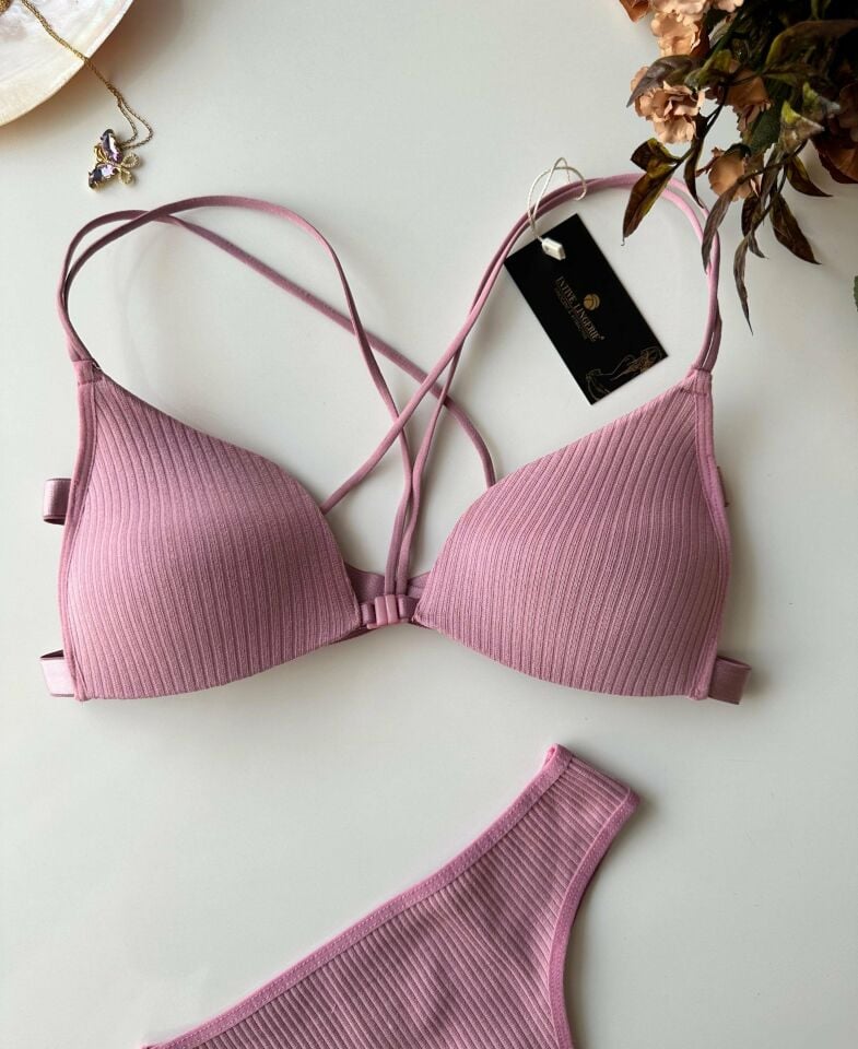 Mae Pamuklu Arkası Çapraz İpli Önden Kopçalı Sütyen Takım Gül Kurusu - XS/S