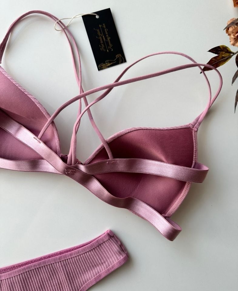 Mae Pamuklu Arkası Çapraz İpli Önden Kopçalı Sütyen Takım Gül Kurusu - S-M