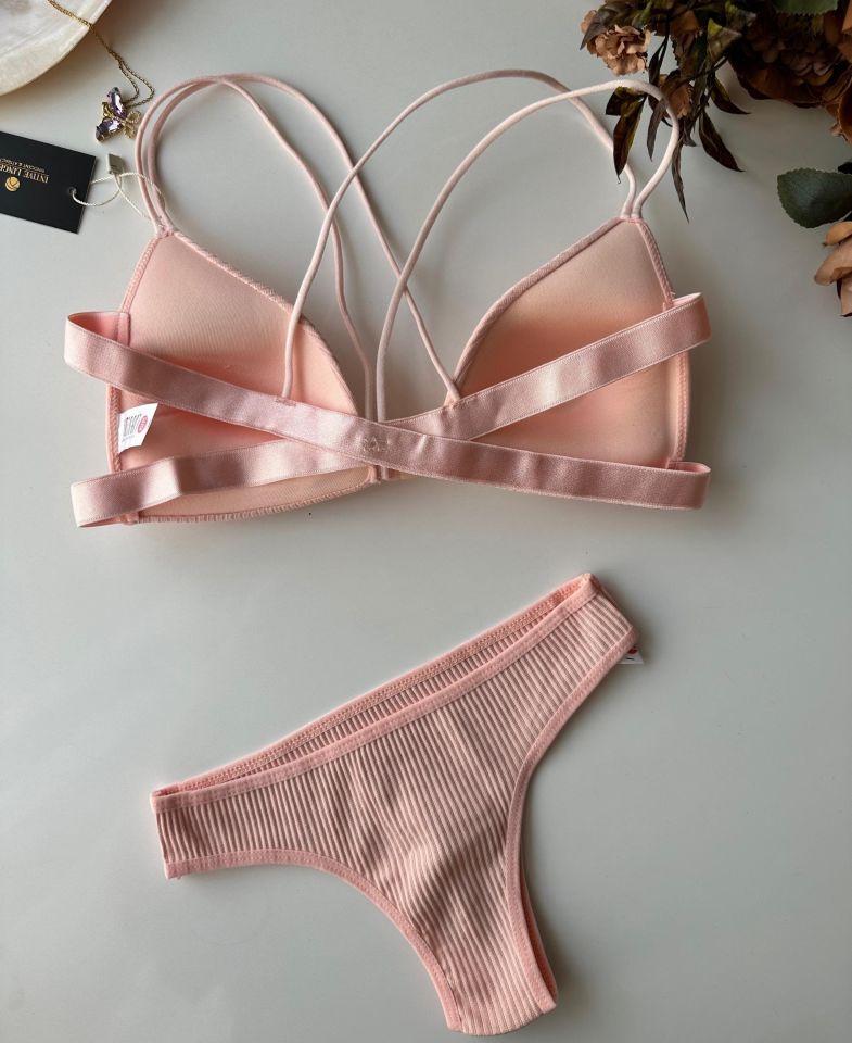 Mae Pamuklu Arkası Çapraz İpli Önden Kopçalı Sütyen Takım Pembe - XS/S