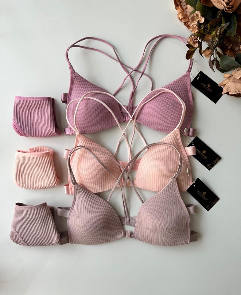 Mae Pamuklu Arkası Çapraz İpli Önden Kopçalı Sütyen Takım Pembe - XS/S