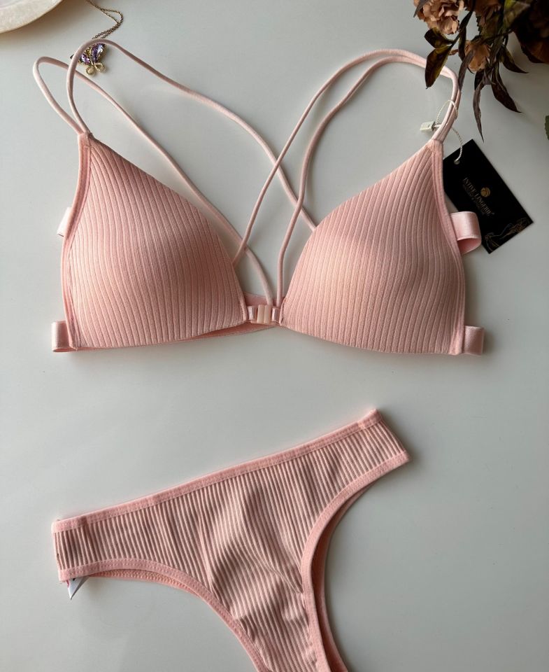 Mae Pamuklu Arkası Çapraz İpli Önden Kopçalı Sütyen Takım Pembe - M-L