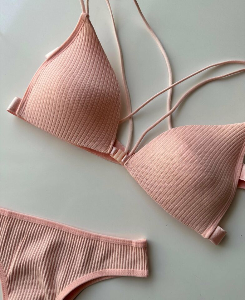 Mae Pamuklu Arkası Çapraz İpli Önden Kopçalı Sütyen Takım Pembe - S-M