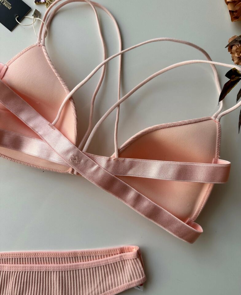 Mae Pamuklu Arkası Çapraz İpli Önden Kopçalı Sütyen Takım Pembe - S-M