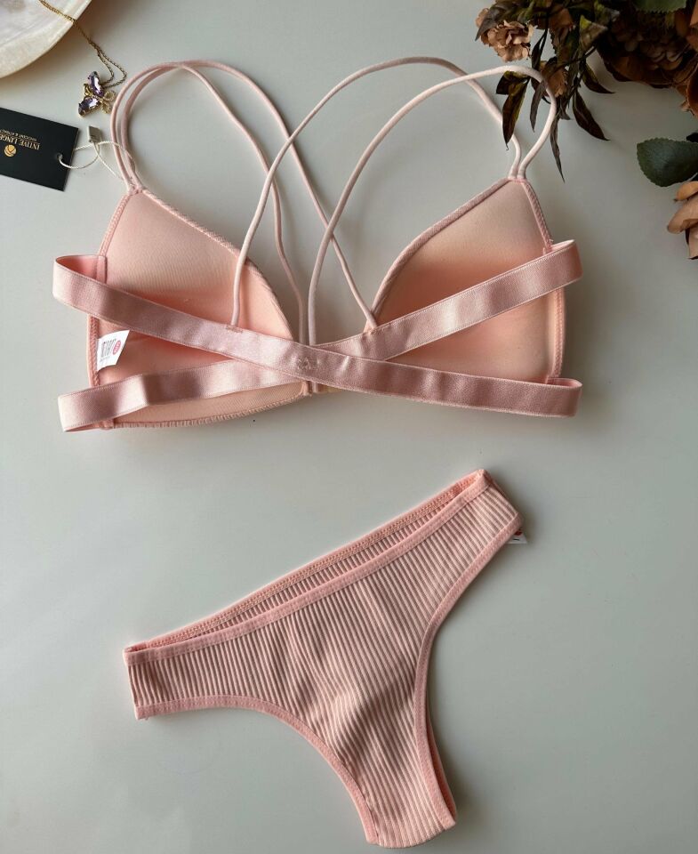 Mae Pamuklu Arkası Çapraz İpli Önden Kopçalı Sütyen Takım Pembe - S-M