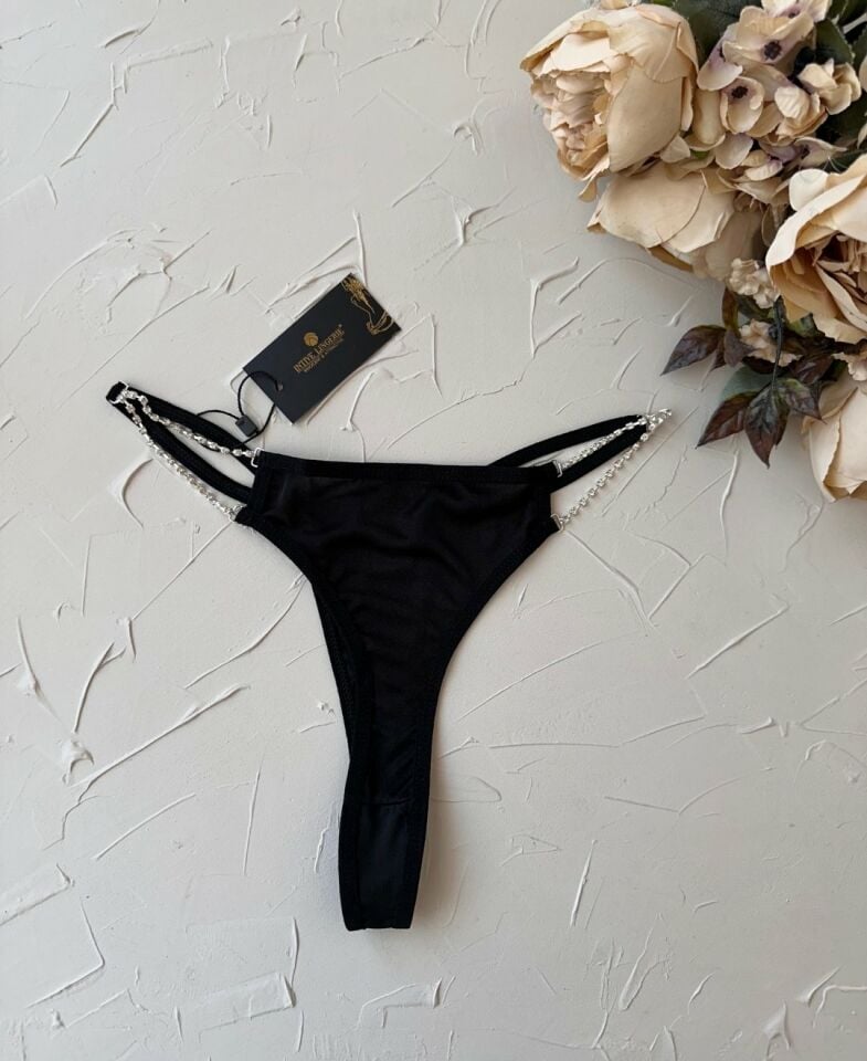 Kadın Siyah Yanları Taş Detaylı Fantezi Tanga -8012 Siyah - L/XL
