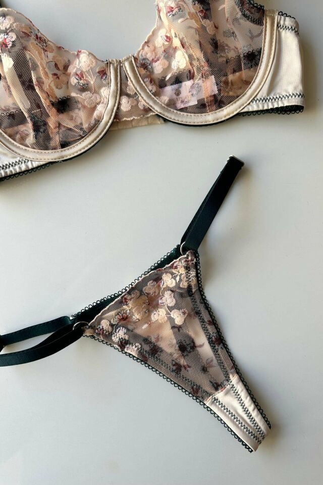 Doria Kadın Yeşil/Bej Çiçekli Balenli Tasarım Sütyen Tanga Takım Yeşil/Bej - 85B