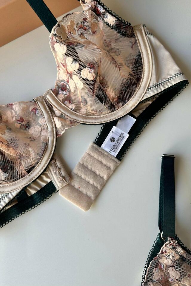 Doria Kadın Yeşil/Bej Çiçekli Balenli Tasarım Sütyen Tanga Takım Yeşil/Bej - 85B