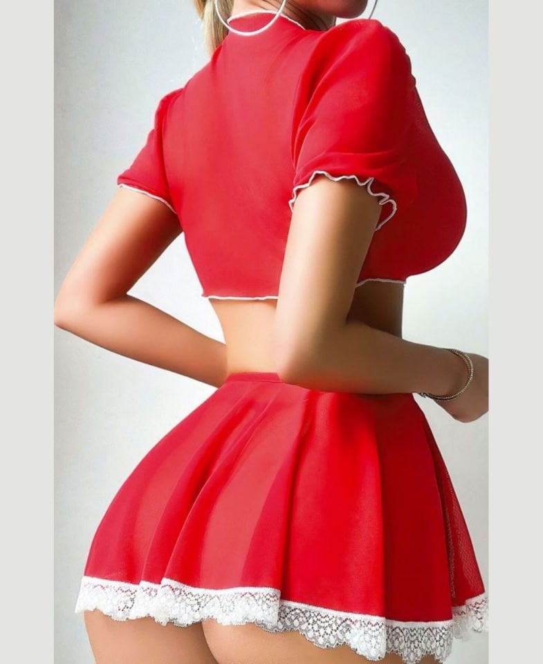 Kadın Kalp Ayrıntılı Kırmızı Beyaz Önden Bağlamalı Crop Etek Takım -3677 Kırmızı - L/XL