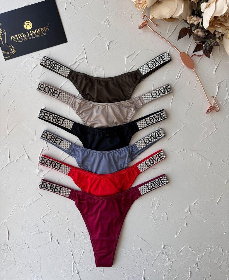 Doja Yoğun Taşlı Love Secret Yazılı Ağı Pamuklu İthal Saten Tanga Bordo - M