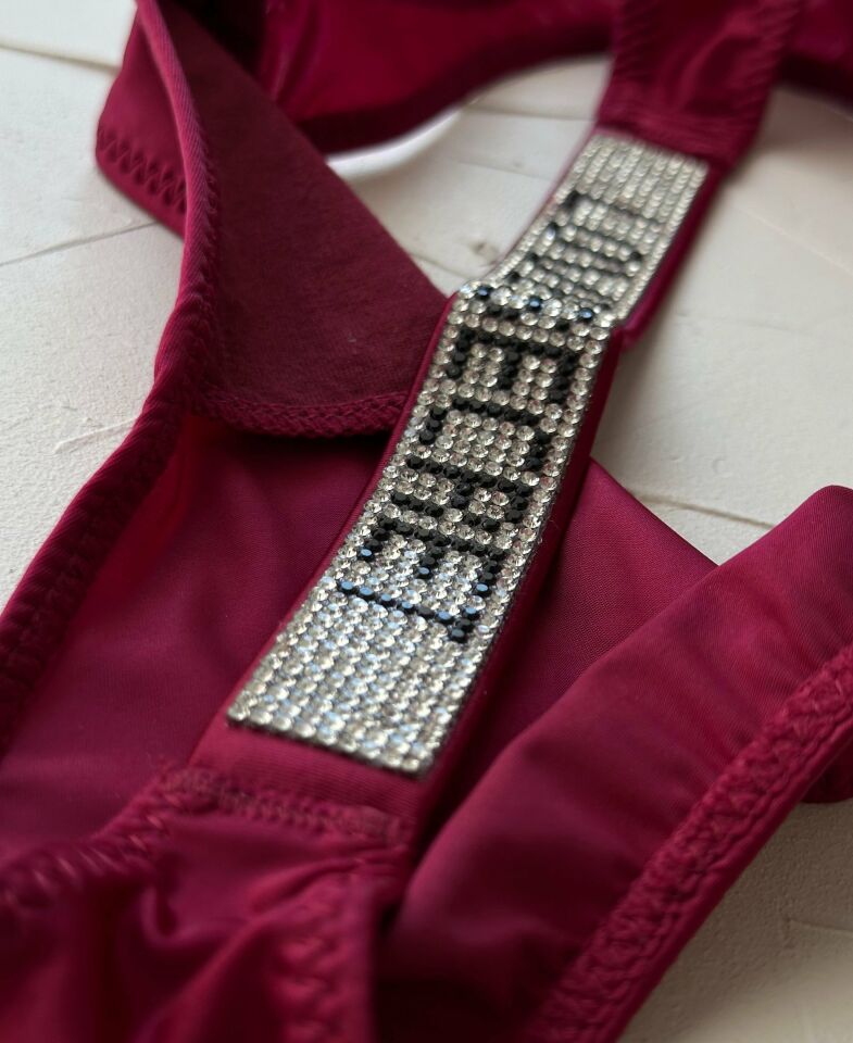 Doja Yoğun Taşlı Love Secret Yazılı Ağı Pamuklu İthal Saten Tanga Bordo - L