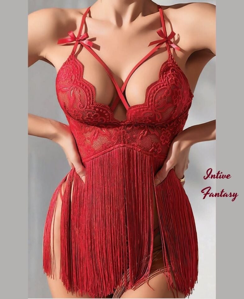 Intive Fantasy Kırmızı Yakası Dantelli Eteği Püskül Detaylı Mini Gecelik Intive Fantasy Kırmızı Yakası Dantelli Eteği Püskül Detaylı Mini Gecelik