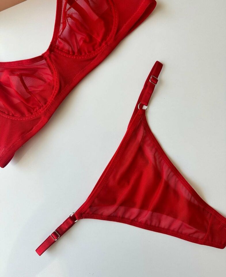 Monica Transparan Tül Kumaş Sütyen Tanga Takım Kırmızı - 80