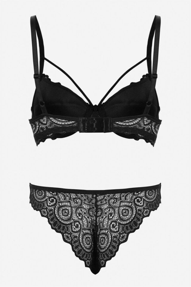 YNT Siyah Dantelli Tek İp Detaylı Şık Sütyen Takım 19017 Siyah - 90