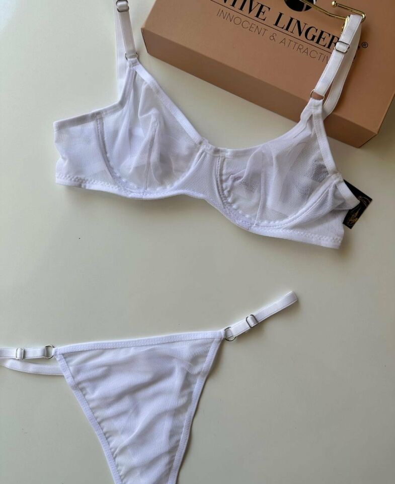 Monica Transparan Tül Kumaş Sütyen Tanga Takım Beyaz - 75