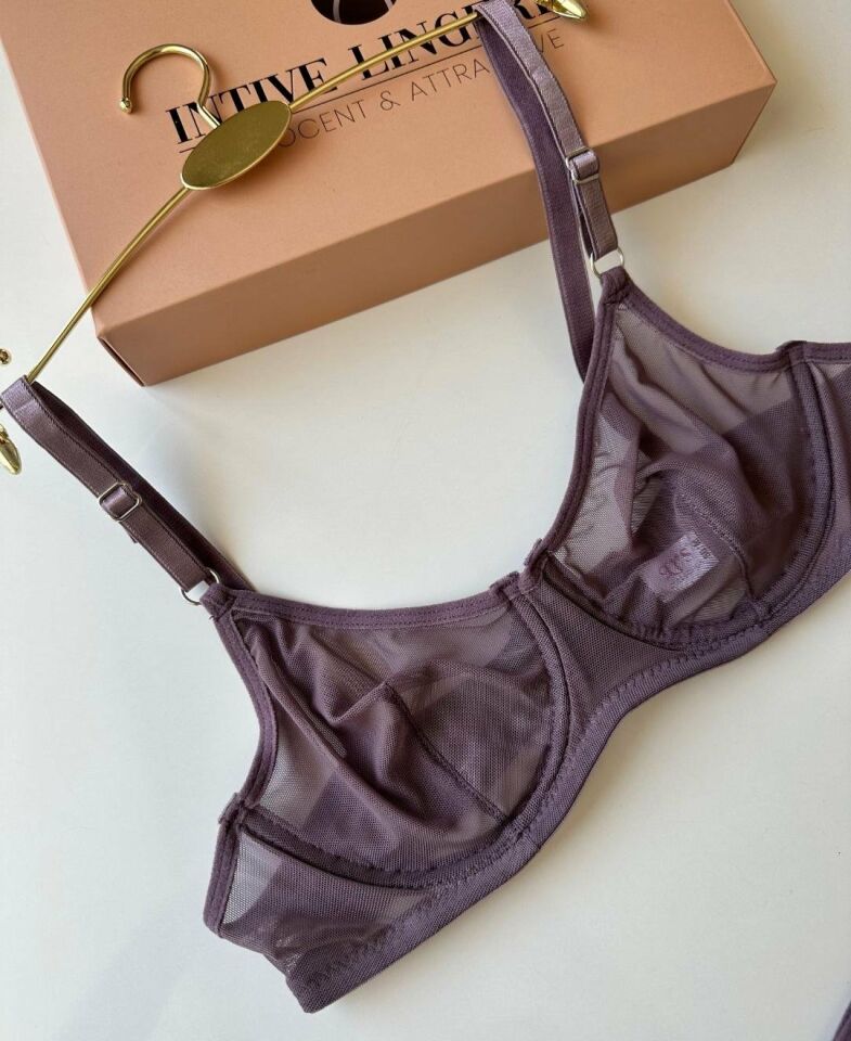 Monica Transparan Tül Kumaş Sütyen Tanga Takım Mor - 90