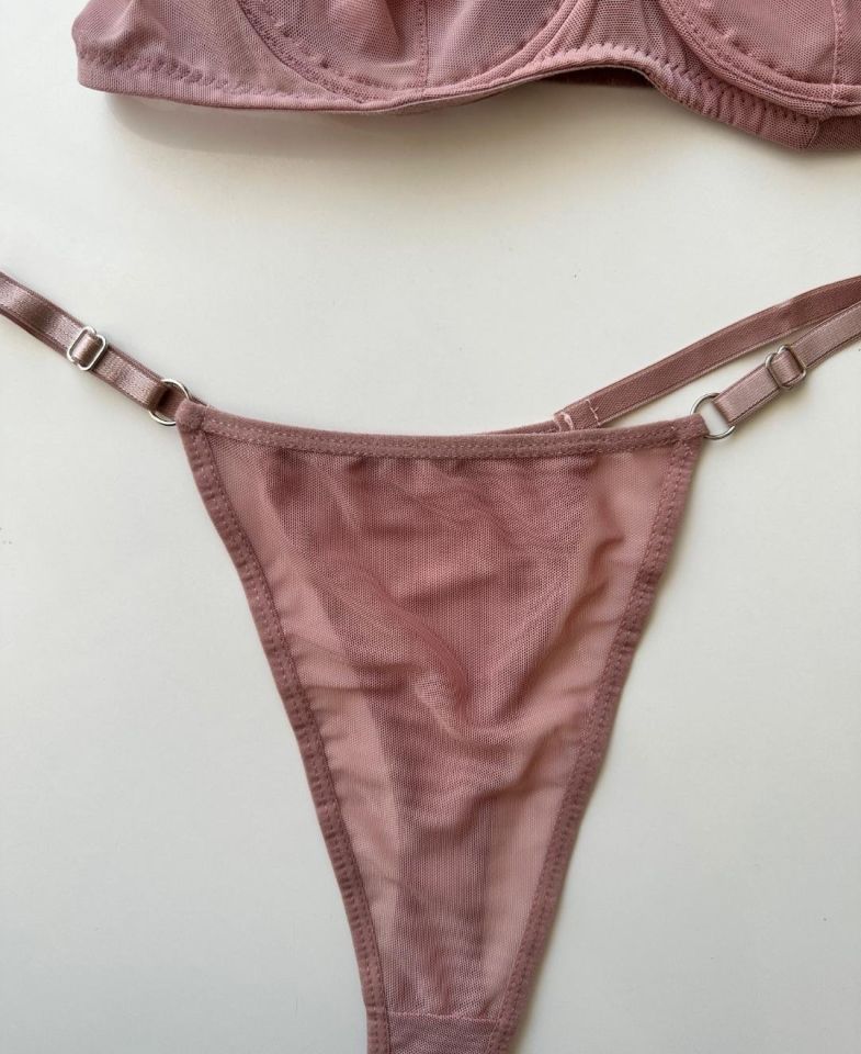 Monica Transparan Tül Kumaş Sütyen Tanga Takım Gül Kurusu - 85