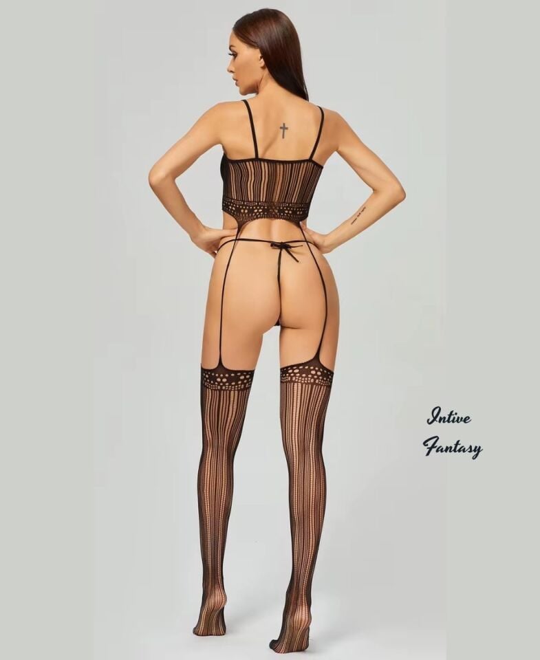 Intive Limited Jartiyerli Büstiyerli İnce Askılı Çizgili Vücut Çorabı Siyah - Standart