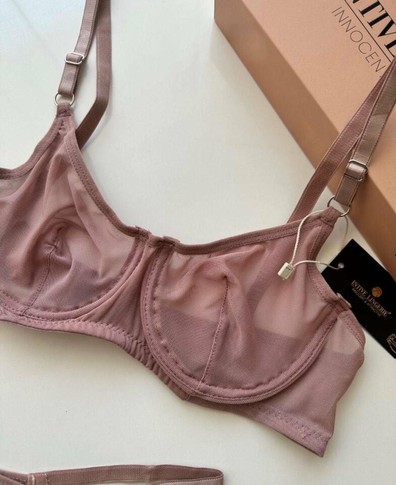 Monica Transparan Tül Kumaş Sütyen Tanga Takım Gül Kurusu - 90