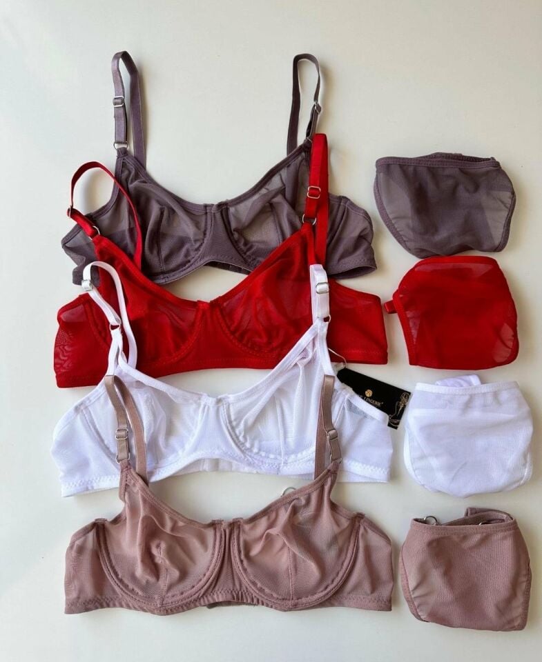 Monica Transparan Tül Kumaş Sütyen Tanga Takım Gül Kurusu - 90