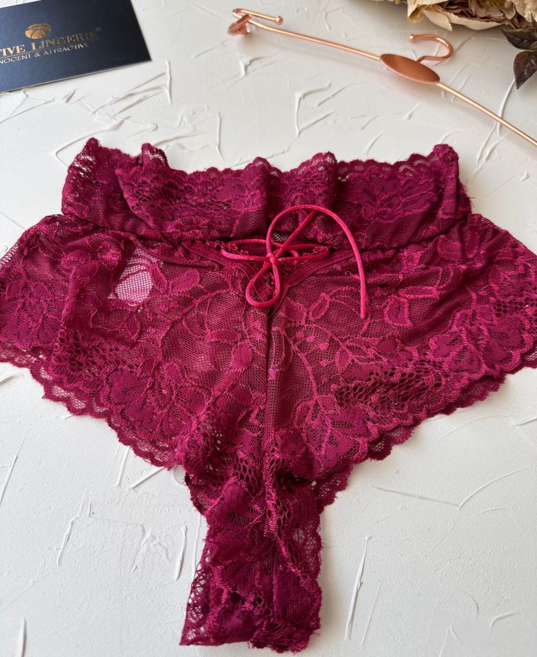 Intive Babe Dantelli Arkası Bağlama Detaylı Yüksek Bel Brazilian Tanga Bordo - XS/S
