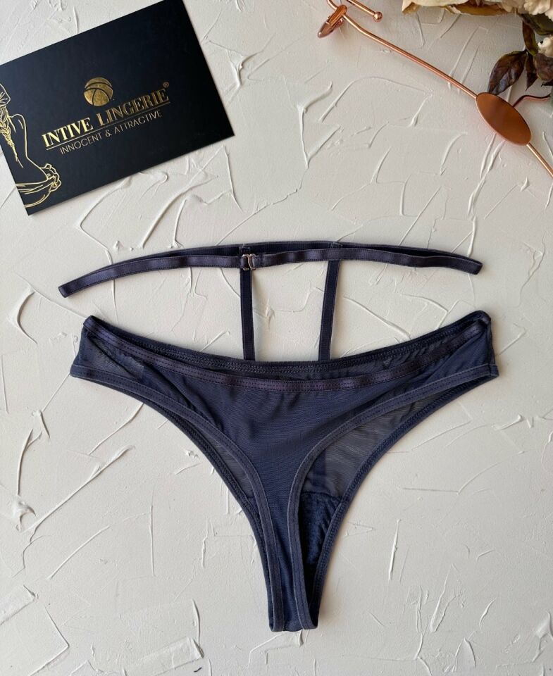 Kadın Yüksel Bel Şerit Detaylı Ağı Pamuklu Halka Detaylı Tül Tanga Gri - S/M