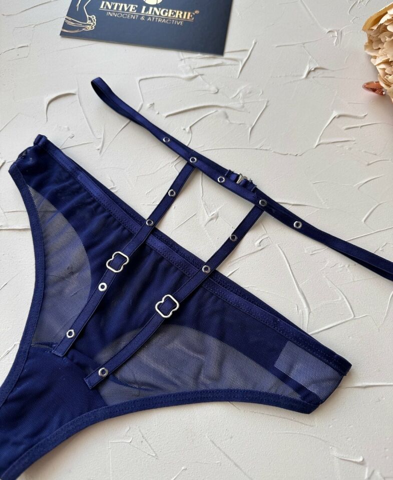 Kadın Yüksel Bel Şerit Detaylı Ağı Pamuklu Halka Detaylı Tül Tanga Lacivert - L/XL