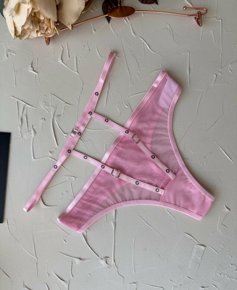 Kadın Yüksel Bel Şerit Detaylı Ağı Pamuklu Halka Detaylı Tül Tanga Pembe - S/M