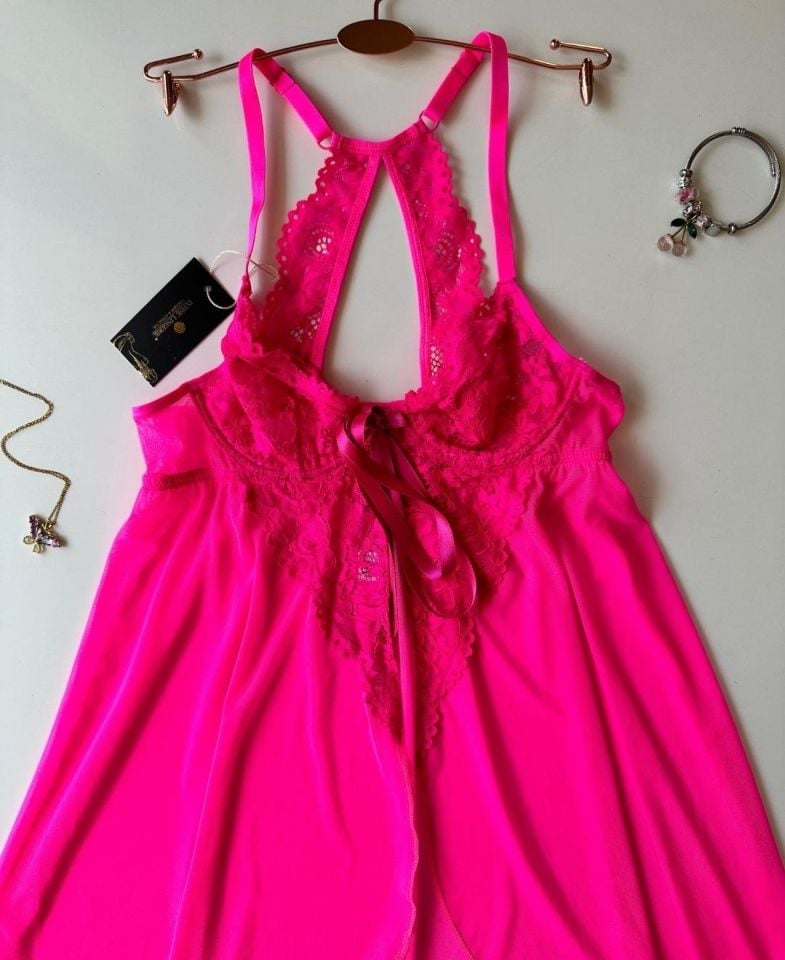 GIANNA Kadın Barbie Pembe Balenli Dantelli Gecelik/Babydoll Pembe - XS