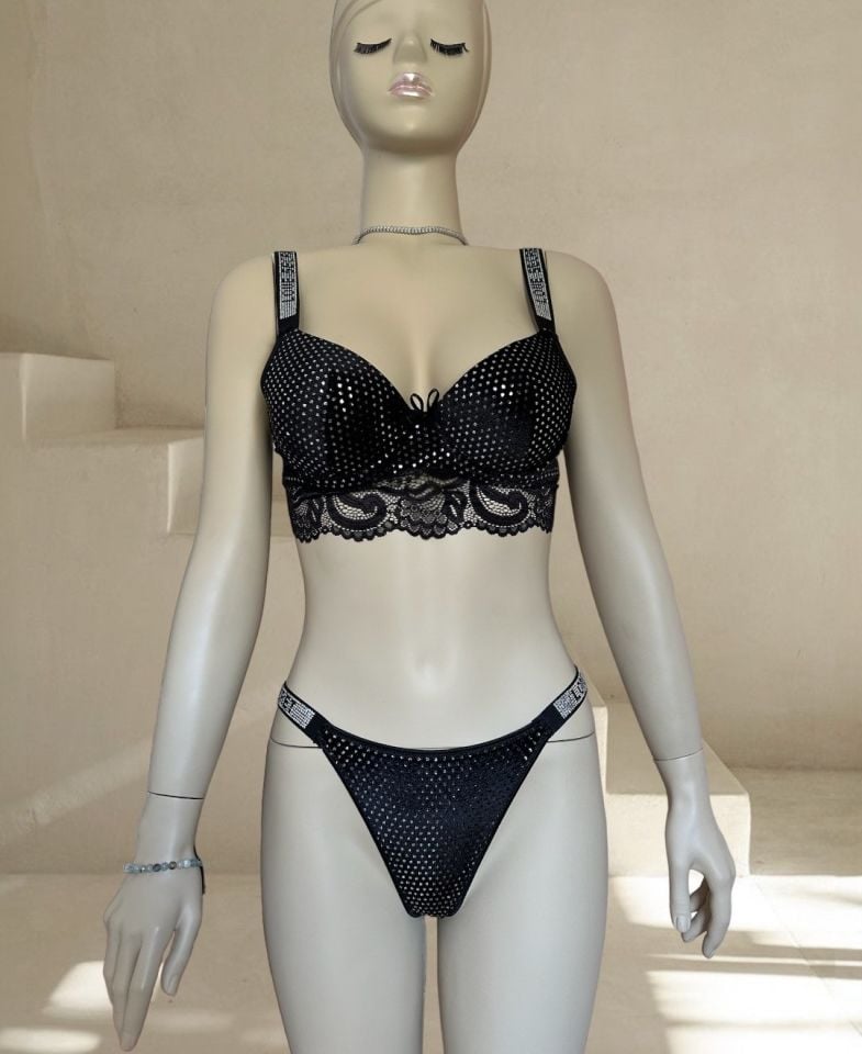 Emma Kadife Pullu Taşlı Love Secret Askılı Push-up Sütyen Takım (Limited) Siyah - 90B