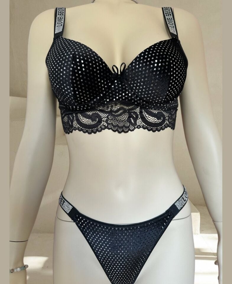 Emma Kadife Pullu Taşlı Love Secret Askılı Push-up Sütyen Takım (Limited) Siyah - 90B