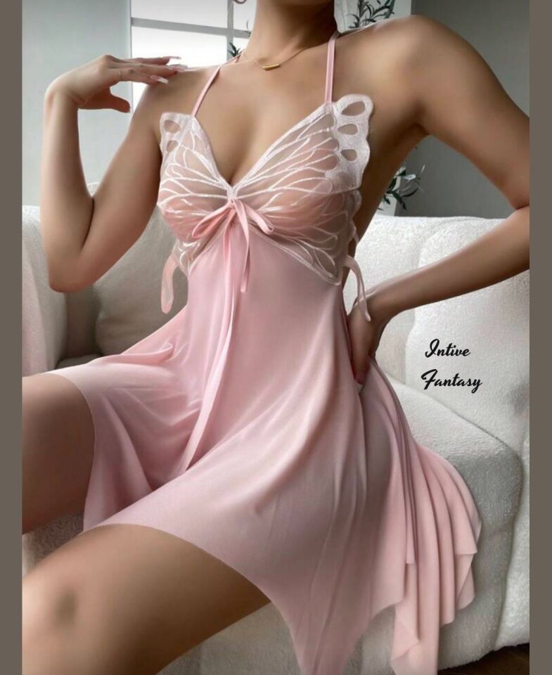 Intive Fantasy Göğsü Kelebek Kalıplı Asimetrik Tüllü Transparan Tasarım Pembe Mini Gecelik Pembe - L/XL