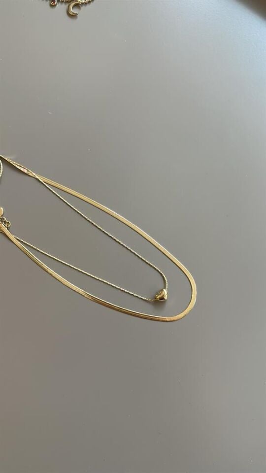 İkili Zincir Kalp Kolye - Altın Altın