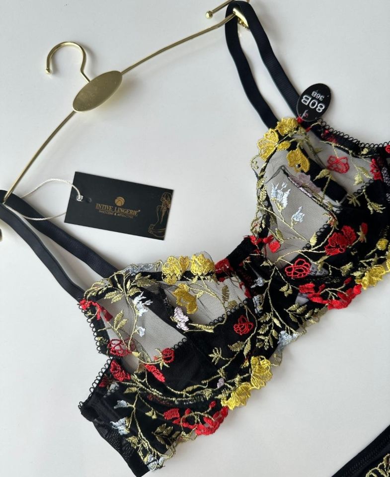 Gipsy Kadın Siyah Transparan Çiçek İşlemeli Sütyen Tanga Takım Siyah Sarı - 85B