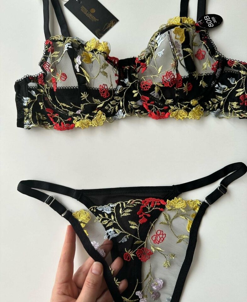 Gipsy Kadın Siyah Transparan Çiçek İşlemeli Sütyen Tanga Takım Siyah Sarı - 85B