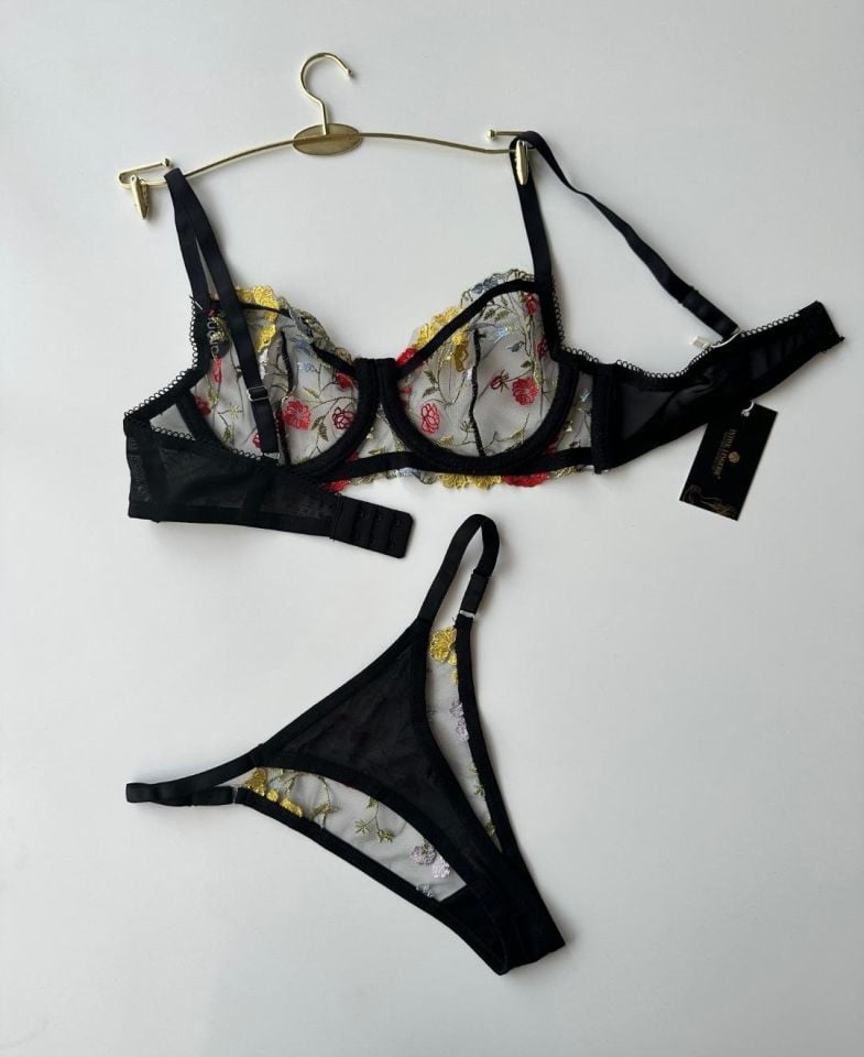Gipsy Kadın Siyah Transparan Çiçek İşlemeli Sütyen Tanga Takım Siyah Sarı - 85B
