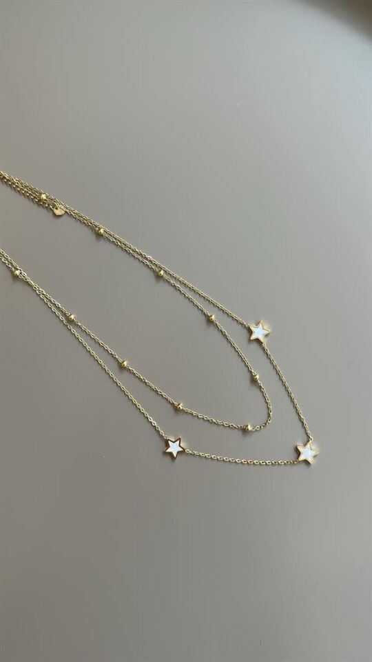 İkili Zincir Yıldız Kolye - Altın Altın