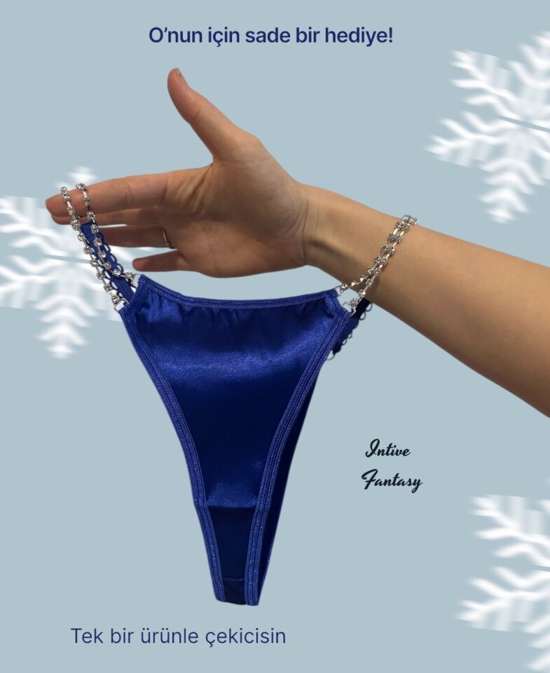 Intive Fantasy Saks Mavisi Yanları Taşlı Saten Kumaştan Kaliteli Tanga SAKS - L/XL