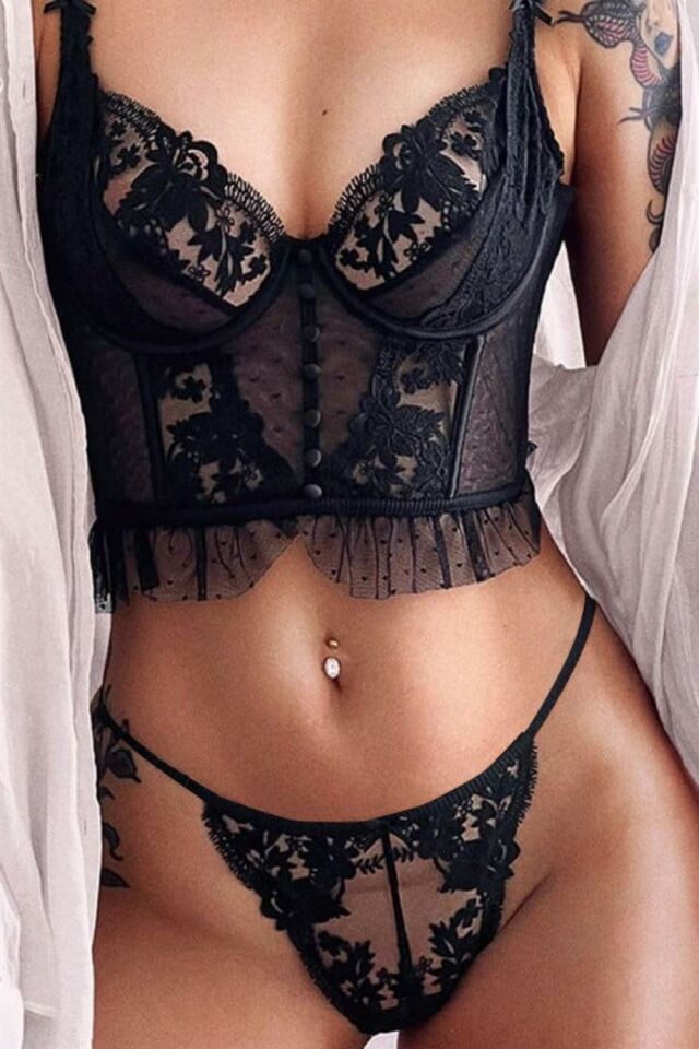 YNT Siyah Dantel Detaylı Seksi Bustiyer Takım 16030 Siyah - S/M
