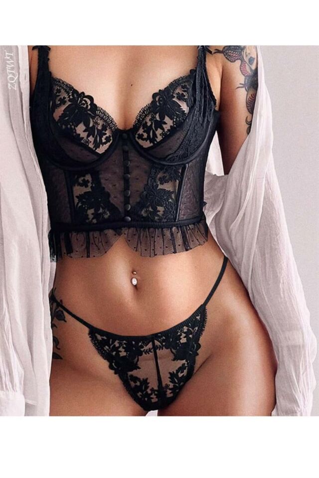 YNT Siyah Dantel Detaylı Seksi Bustiyer Takım 16030 Siyah - S/M